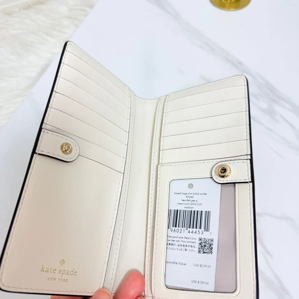 Kate Spade Madison Heartfelt Geo Boxed Large Slim Bifold Wallet Cream Multi